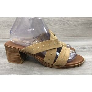 Mila Paoli Women's Sandal 7.5 Tan Leather Studded Block Heel Slip-On Shoes